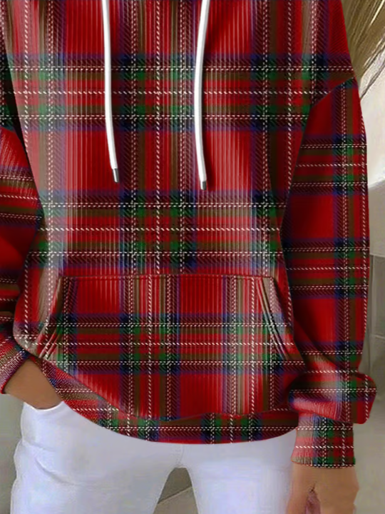 Women's Christmas Plaid Print Casual Hooded Sweatshirt