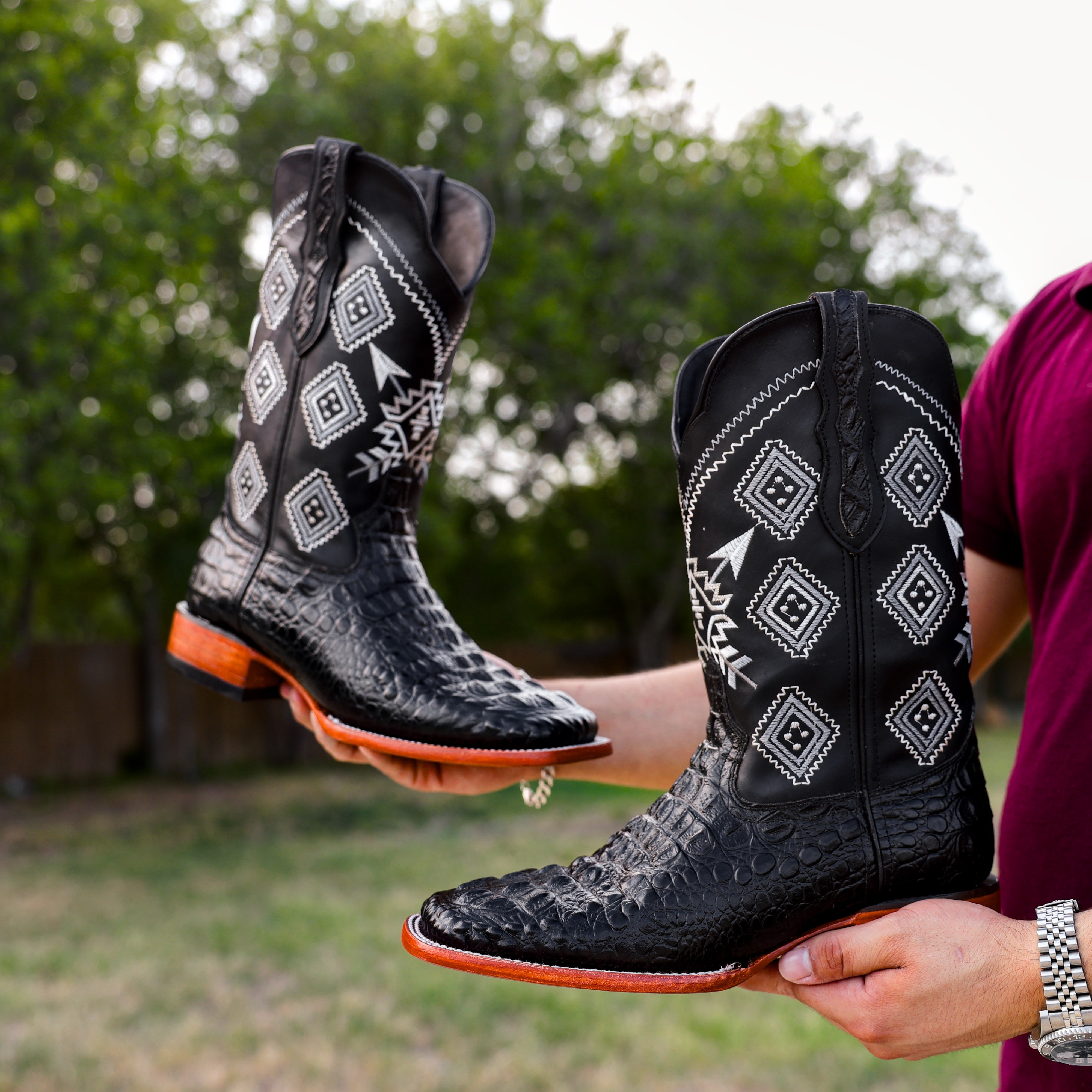 Black Caiman Neck Leather Boots - Square Toe