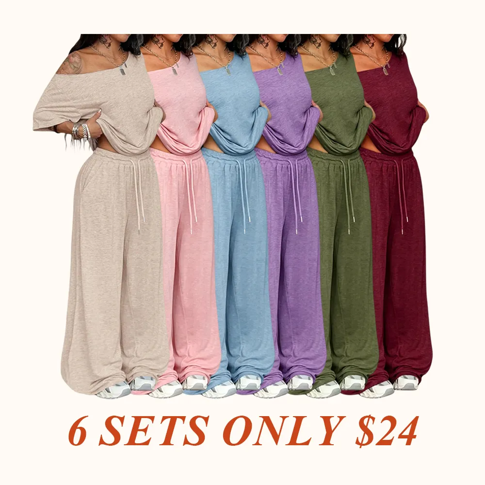 Women's Casual Solid Color Sport Two-Piece Set, Loose Long Pants & Wide Leg Slant Neck Pant Suit