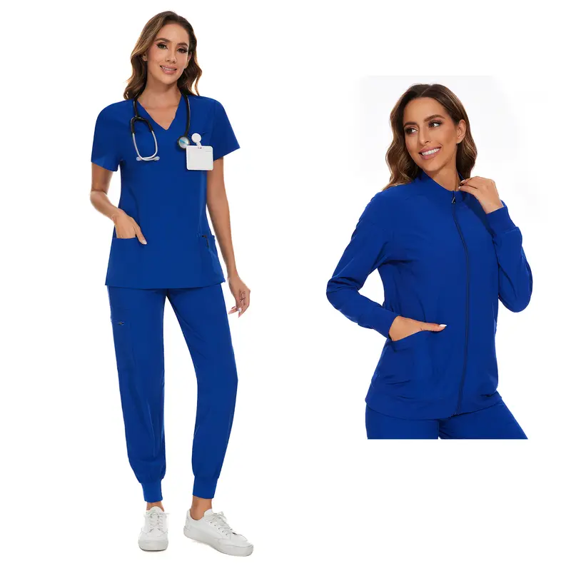 COZYFIT Scrubs for Women Set and Jackets - Stretch V-Neck Scrub Top & Jogger Pant, Zip Front Nurse Jacket SpringStatements