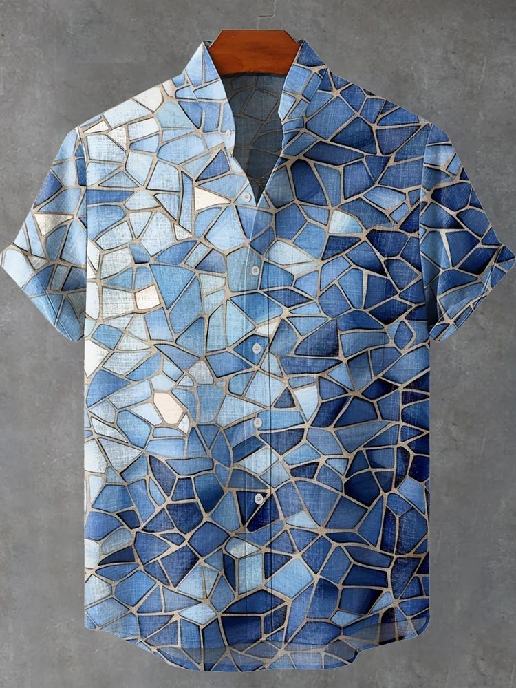 Blue Gradient Glass Texture Art Vintage Print Casual Cotton Shirt