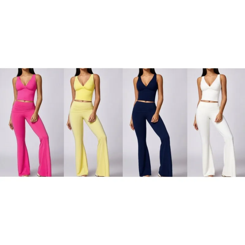 Women's 2-Piece Deep V Neck U-Back Tank & High-Waist Flared Leggings Set