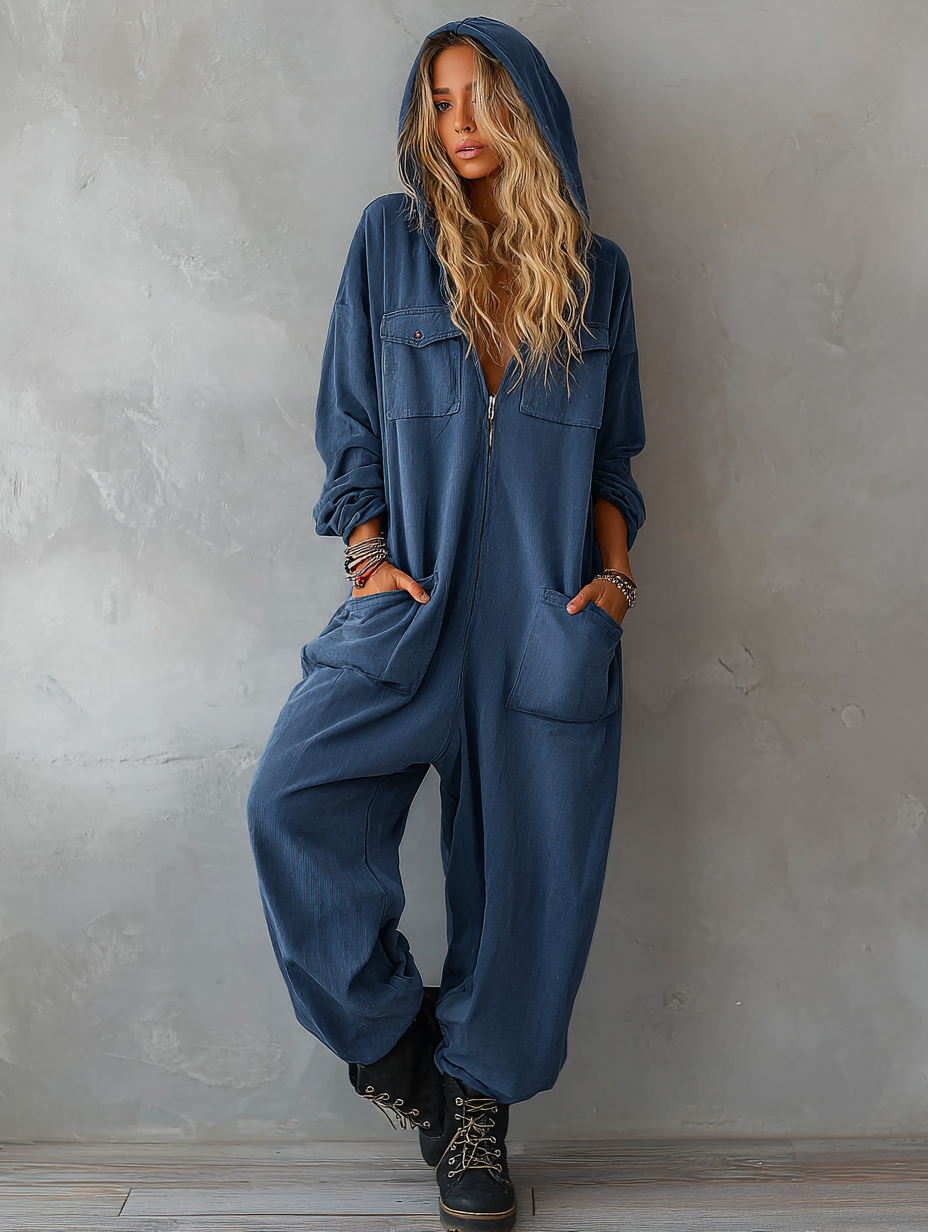 Women’s Hooded One Piece Denim Jumpsuit