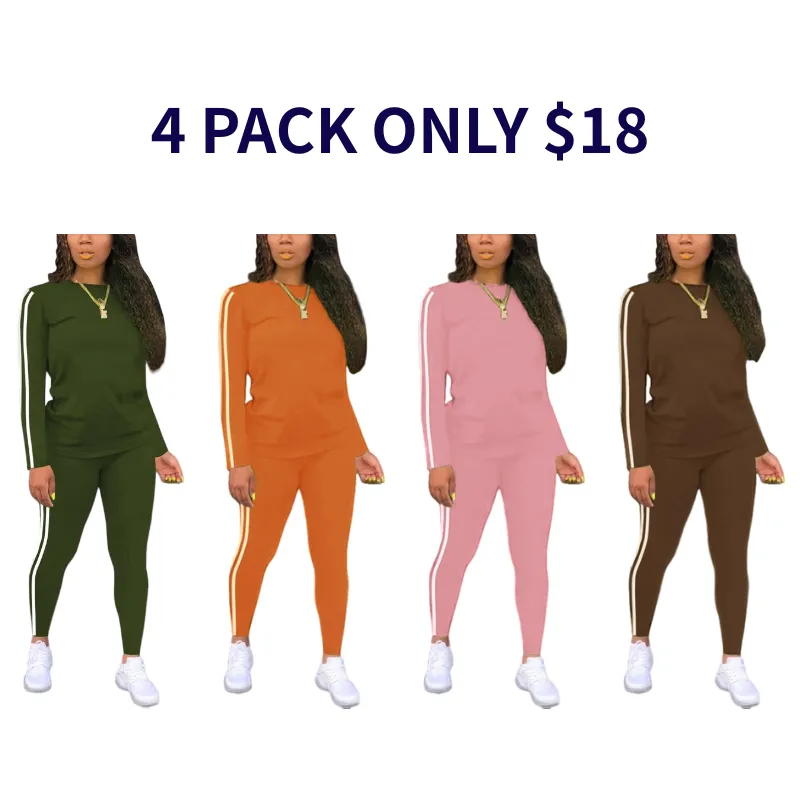 Women's Striped Print Long Sleeve Top & Pants Two-piece Set