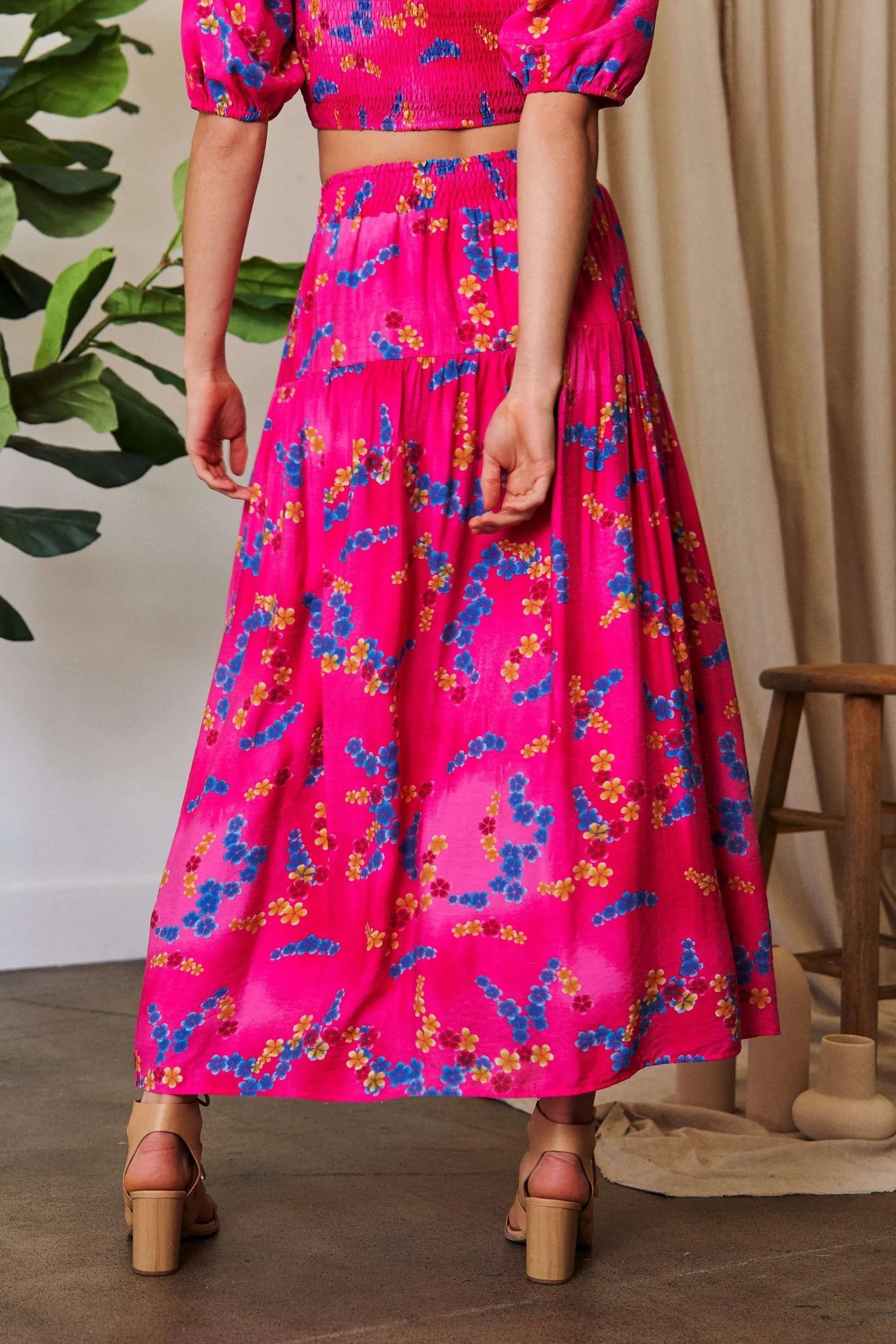 Printed Smocking Waistband Ruffled Maxi Skirt
