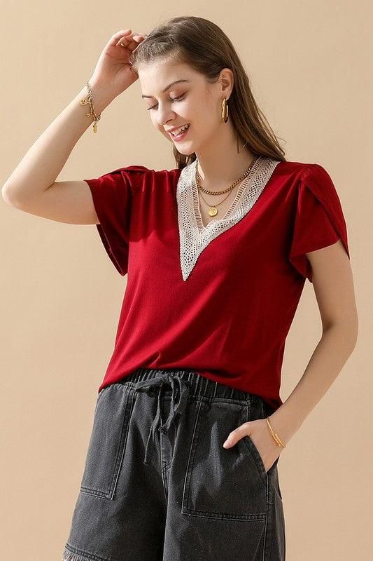 Gold Lace V Neck Ruffle Short Sleeve Top