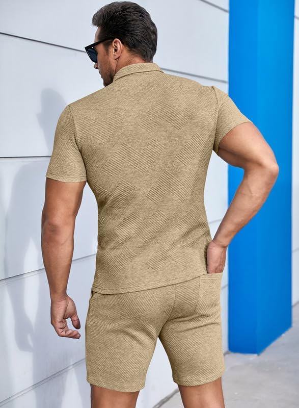 Men's Polo Shirt and Shorts Set Soild Color Geometric Texture Casual Short Sleeve 2 Piece Outfits Sweatsuits Summer