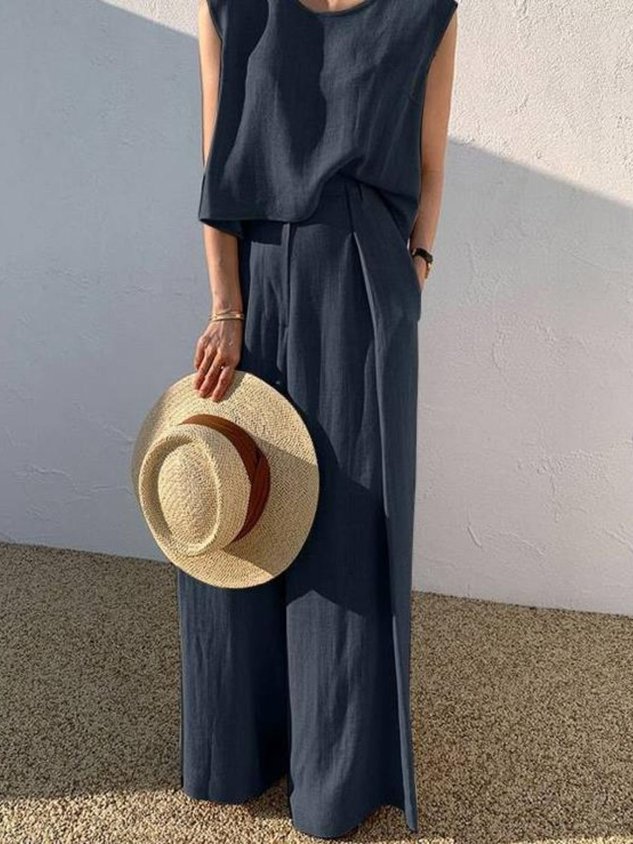 Crew Neck Plain Street Regular Fit Two-Piece Set