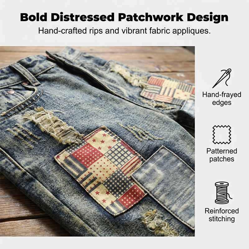🔥 Men’s Ripped Denim Shorts – Patchwork Design for Street Style Edge 👖✨
