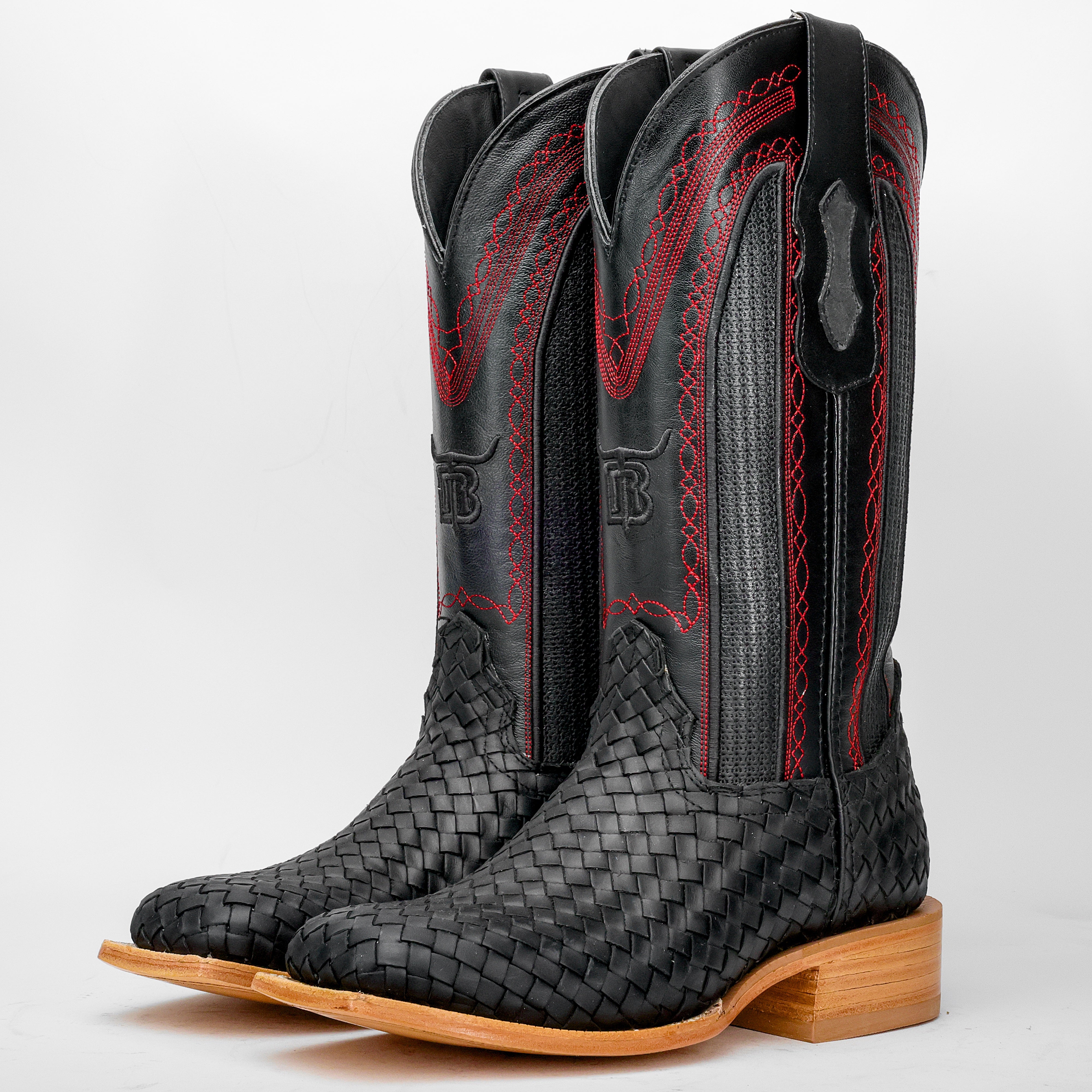 Black Basketweave Leather Boots - Square Toe