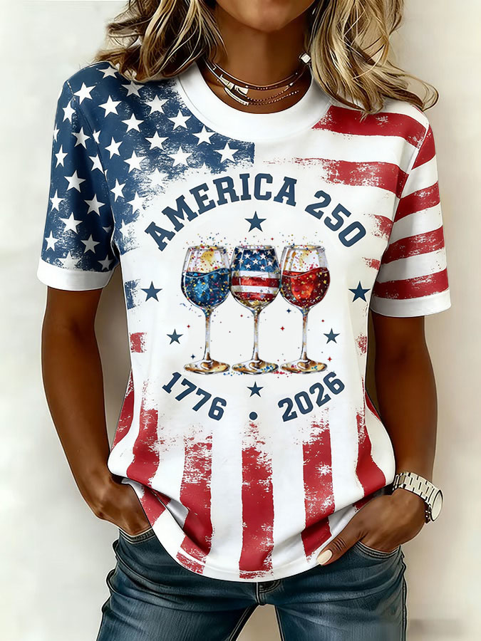 Women'S Casual American Independence Day 250Th Anniversary Founding Celebration Commemorative Print Round Neck Short Sleeved T-Shirt