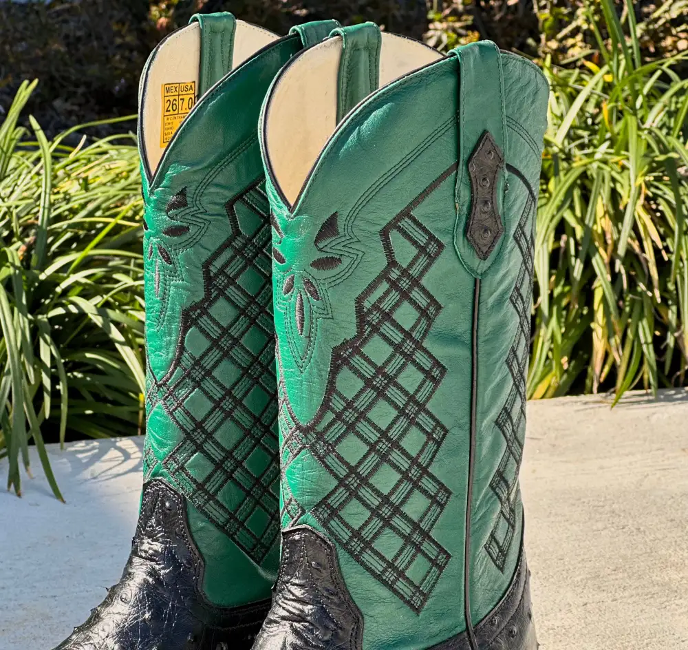 Mens Black Ostrich With Green Shaft Leather Boots