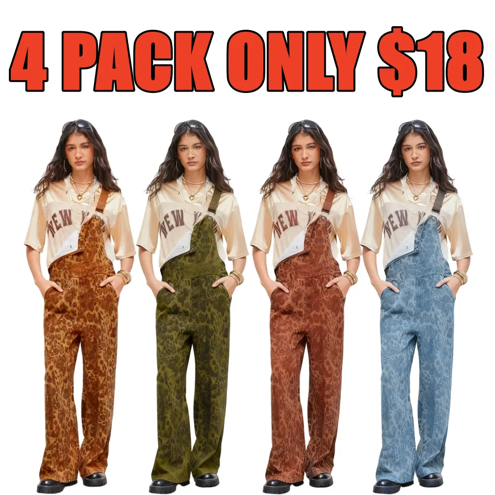 Women's Leopard Buckle Oversized Denim Wide Leg Jumpsuit