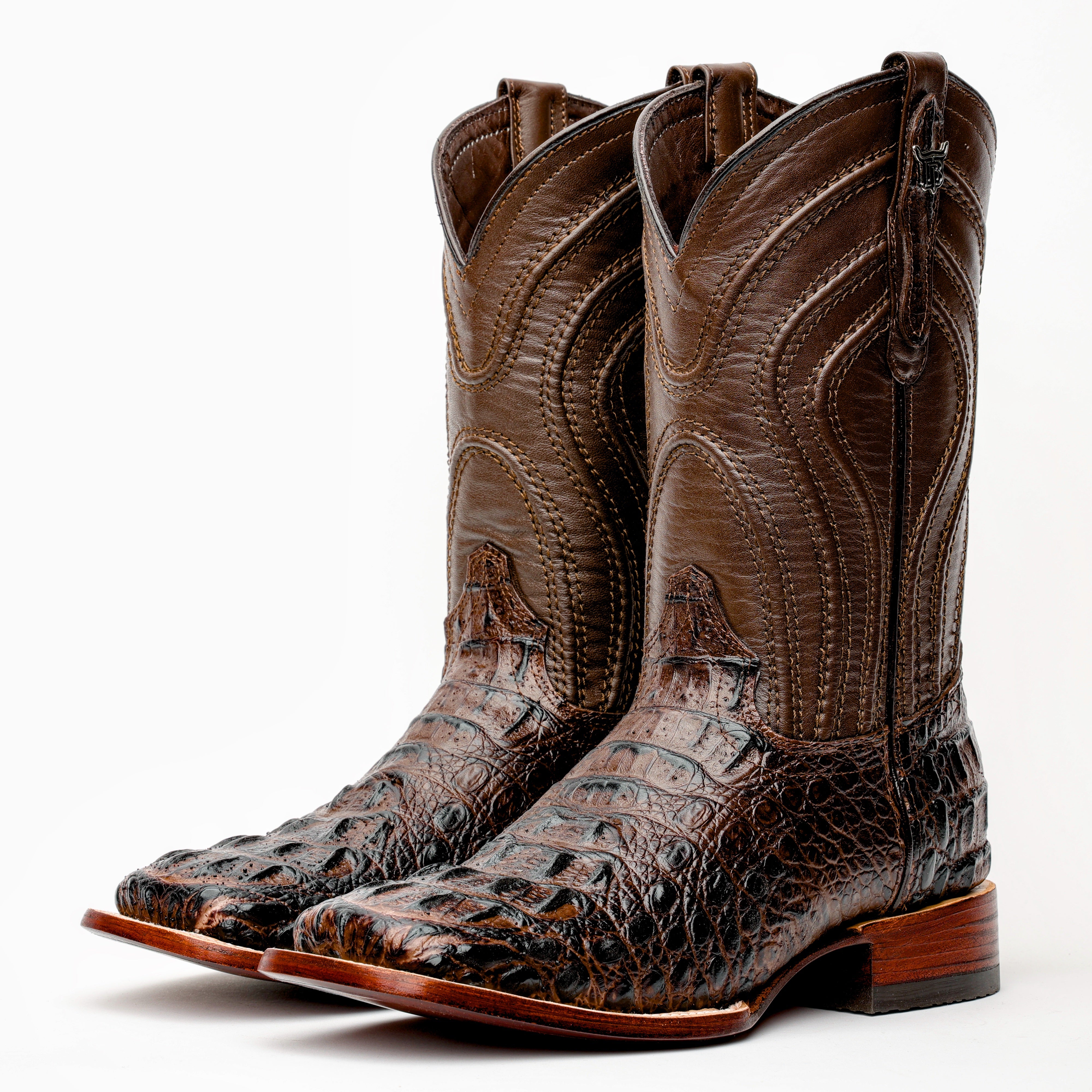 Brown Caiman Neck Leather Boots - Square Toe