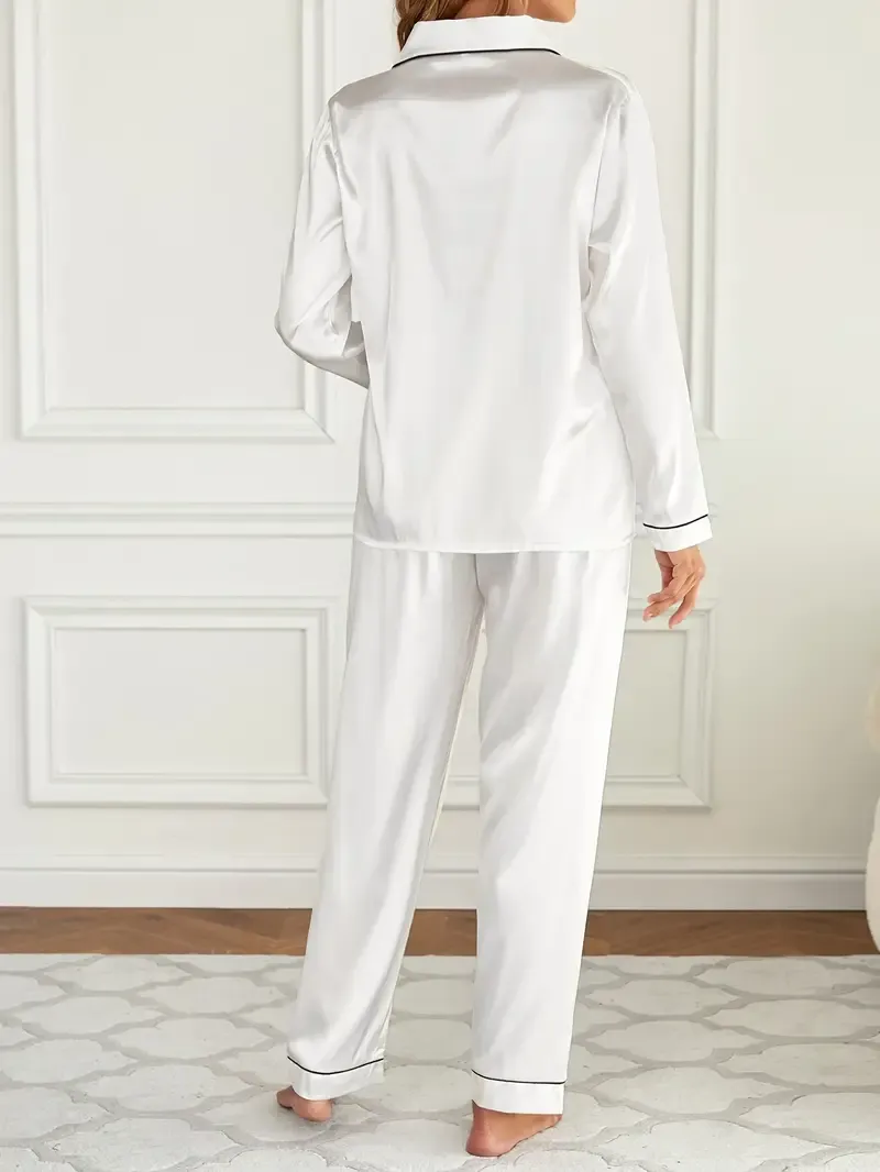 Solid Pajama Set, Long Sleeve Button Up Lapel Top & Pants Pj Set - Women's Sleepwear & Loungewear