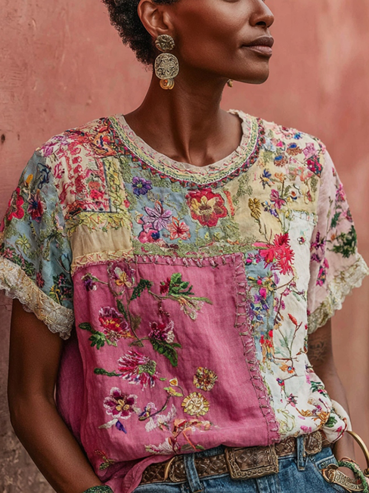 Women's Vintage Bohemian Floral Embroidery Patchwork Art Short Sleeve Linen Blend T-shirt