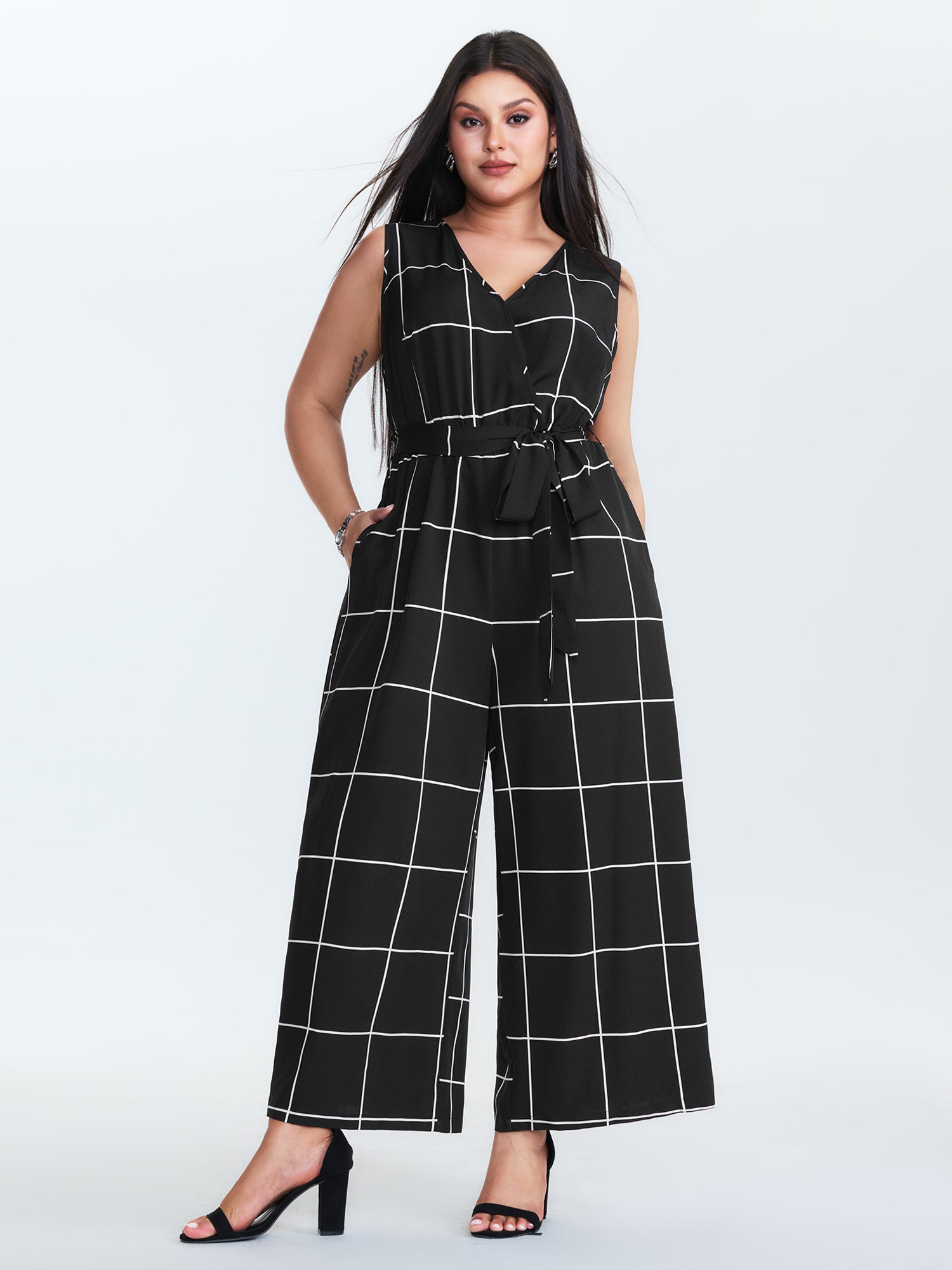 Check Pattern Waist-Tie Jumpsuit