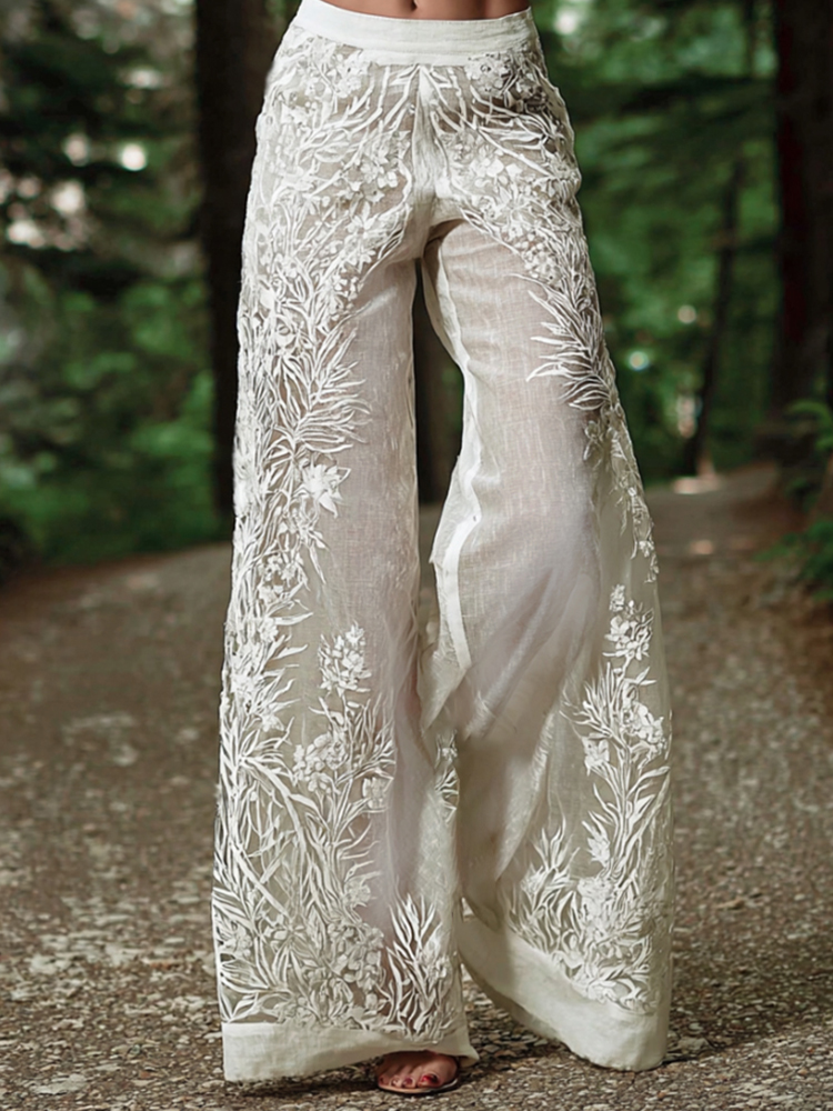 Japanese Style Plant Floral White Cotton Linen Casual Pants