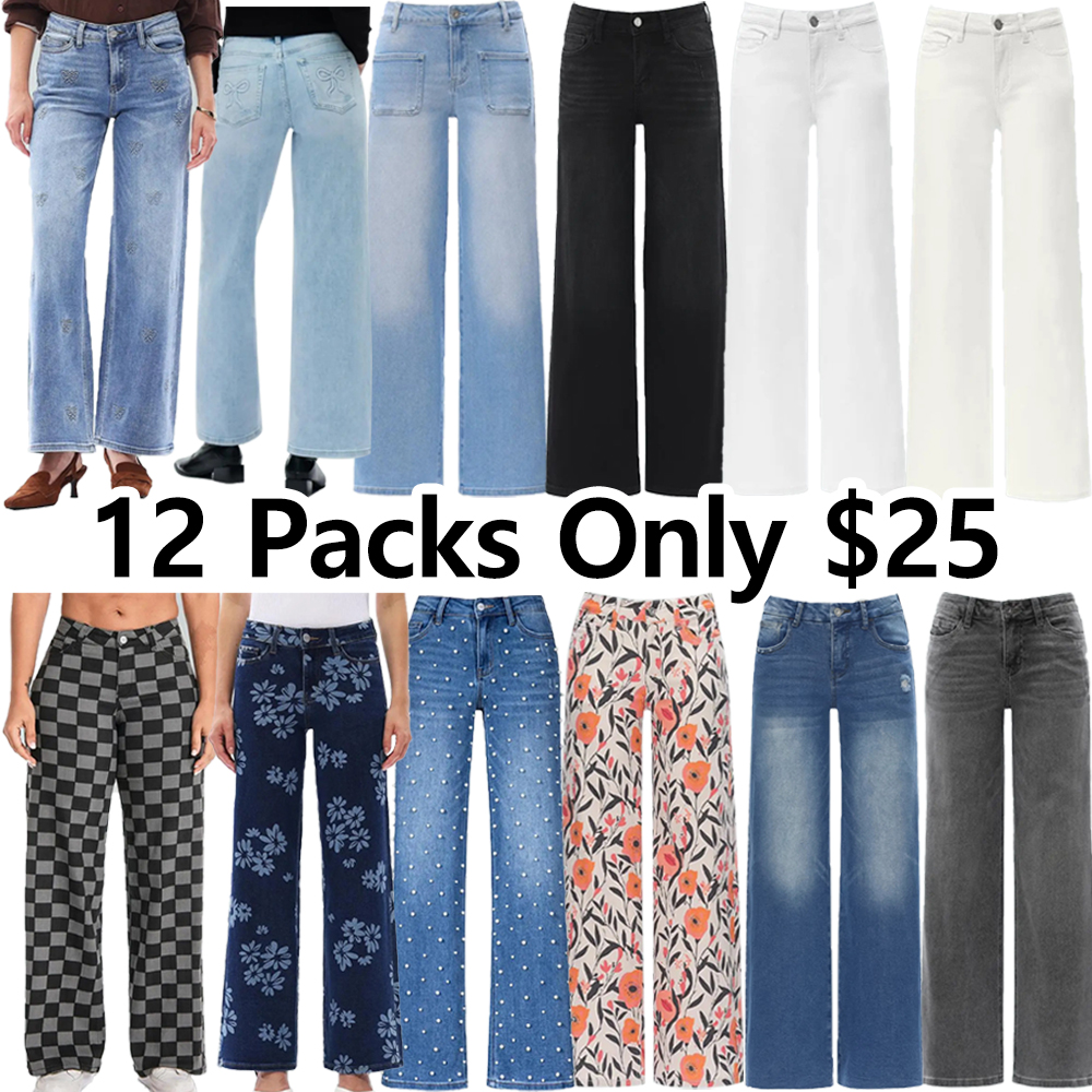 Women's Stretchy Wide Leg Baggy Jeans – Mid-Low Rise Distressed Denim, Tummy Control, Curve Hugging, Plus Size