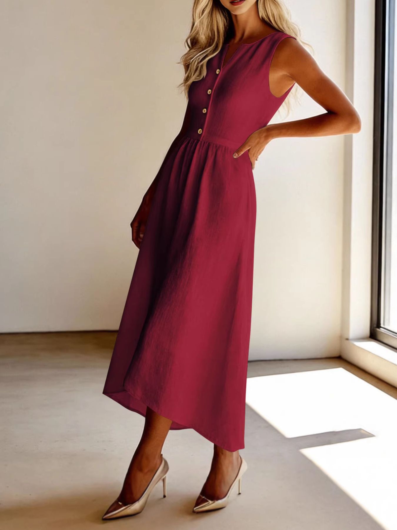 Sleeveless Button Front Flowy Midi Dress