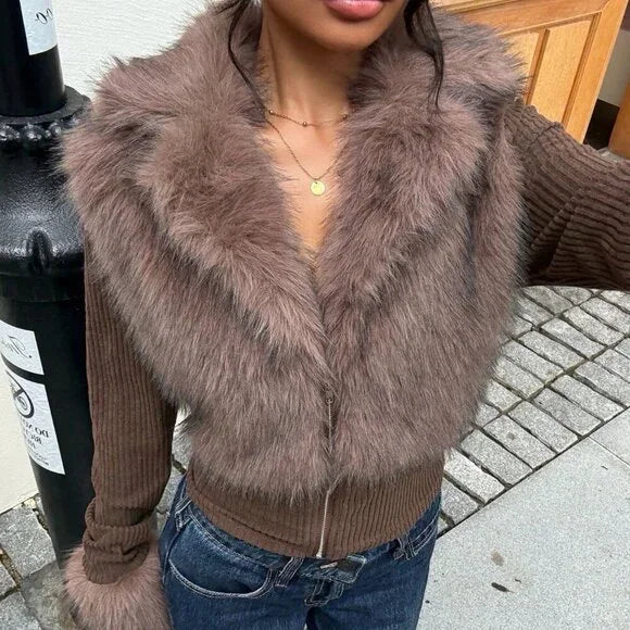 Women's Fashion Street Style Patchwork Knit Faux Fur Jacket, Zipper Long Sleeve Coat, Fall & Winter Thick Fabric, Casual Wear