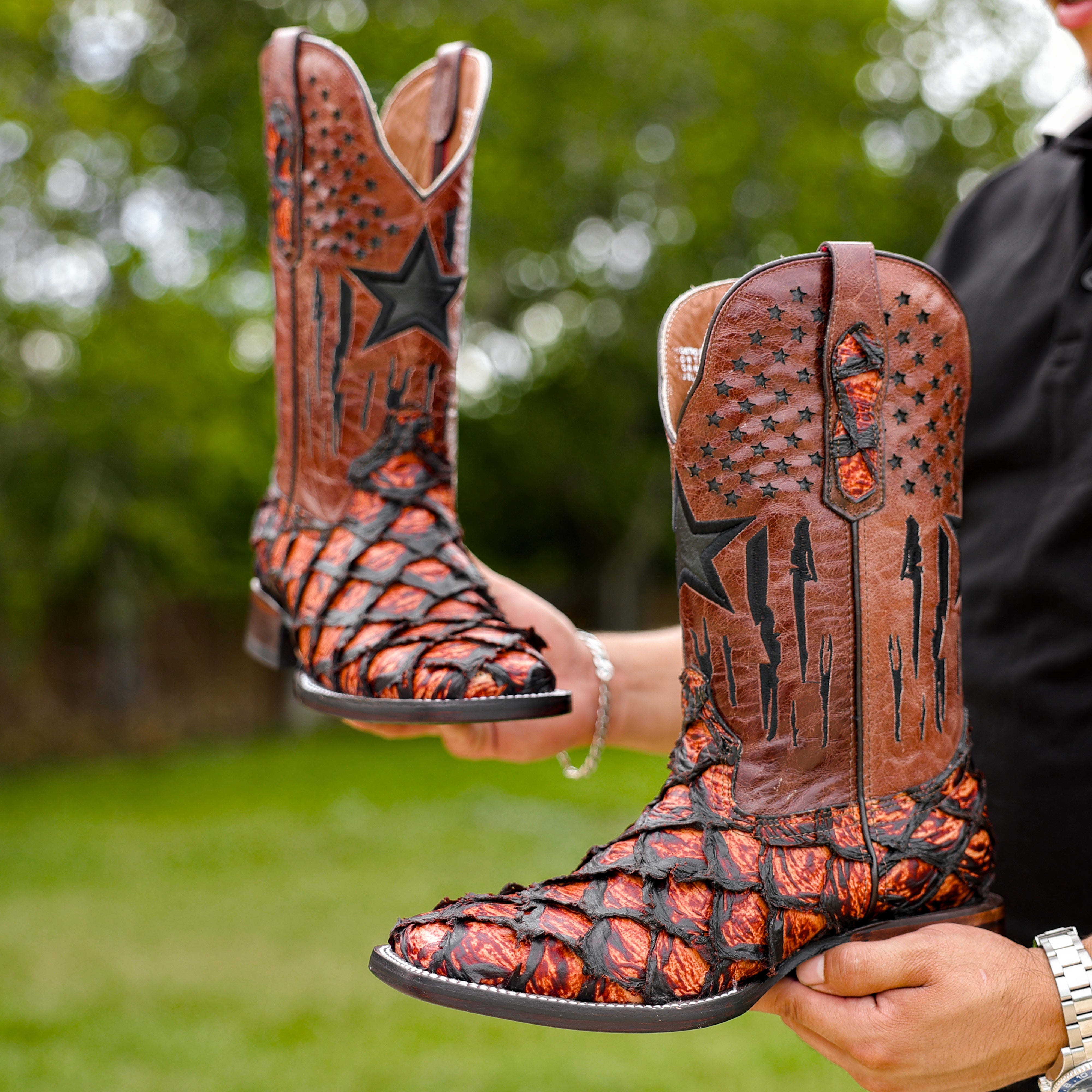 JUMBO Cognac Pirarucu Leather Boots - Square Toe