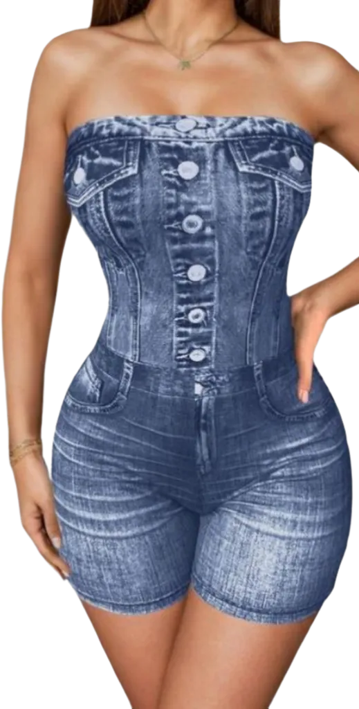 Women's Denim-effect Print Tube Romper