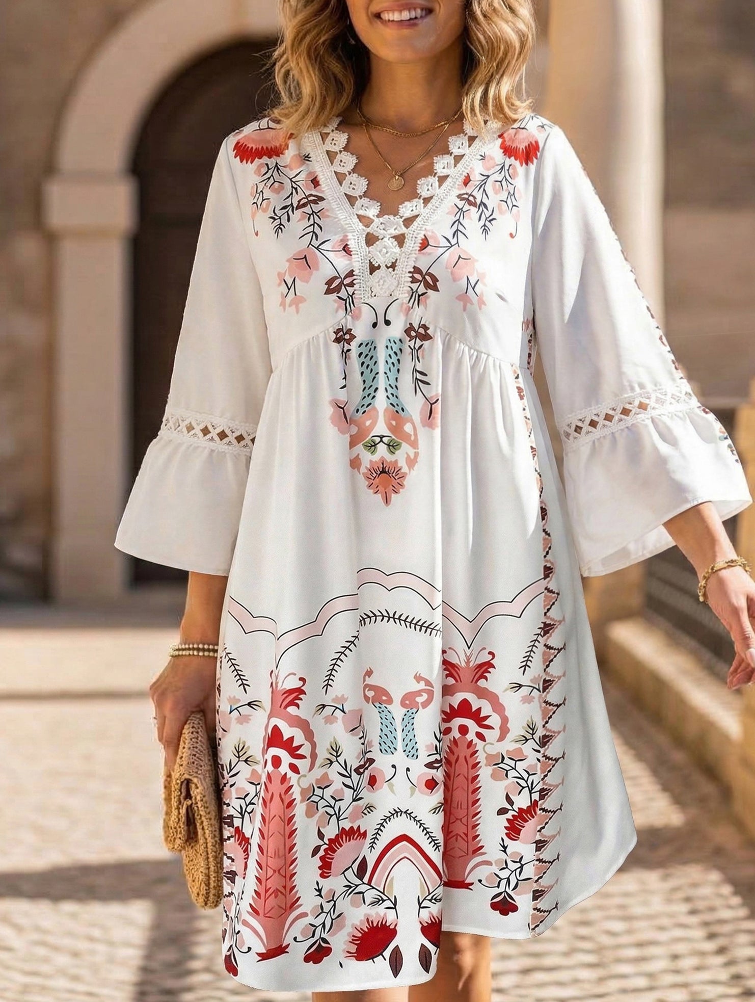 V Neck Lace Patch Print Dress