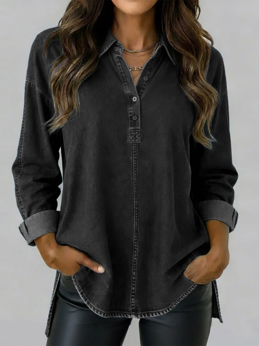 Women's Lapel Long-sleeved Loose-fitting Denim Shirt