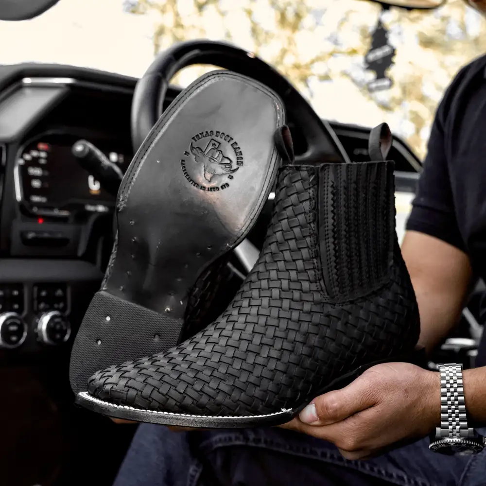 Matte Black Basketweave Leather Botines - Square Toe