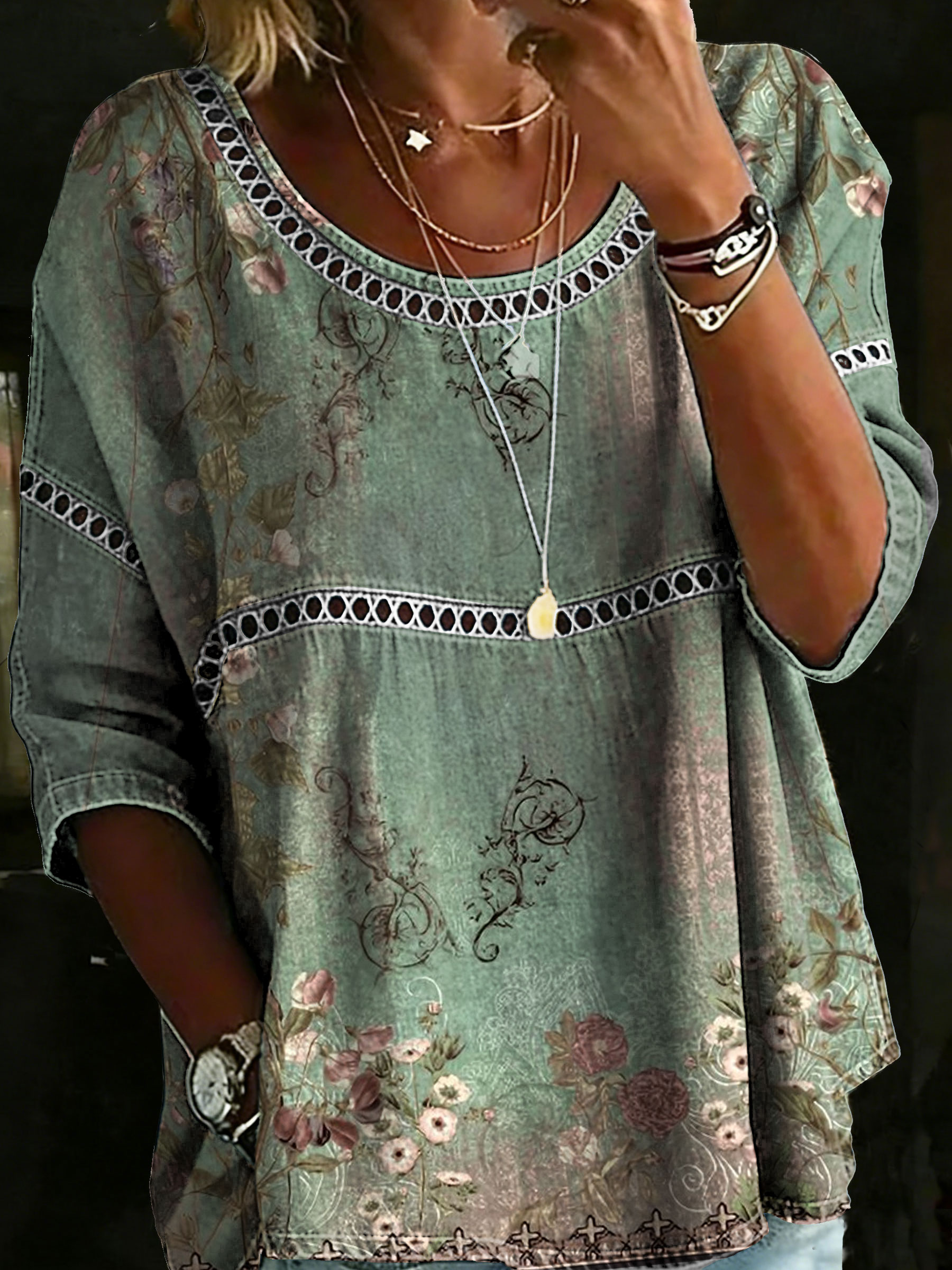 Women's Vintage Flower Casual Loose Denim Blouse Shirt