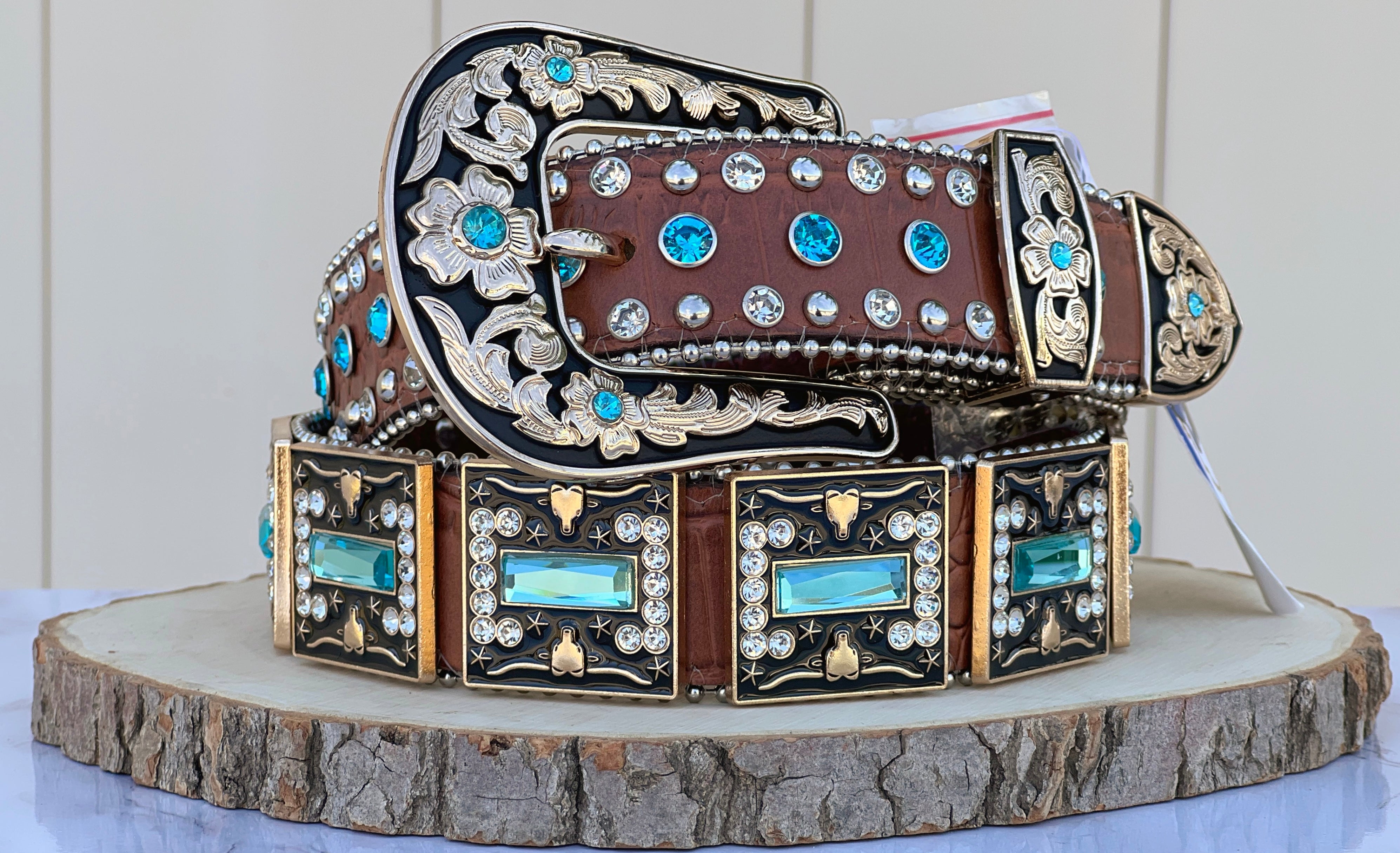 Western Brown Leather Belt With Light Blue Longhorn Rhinestones