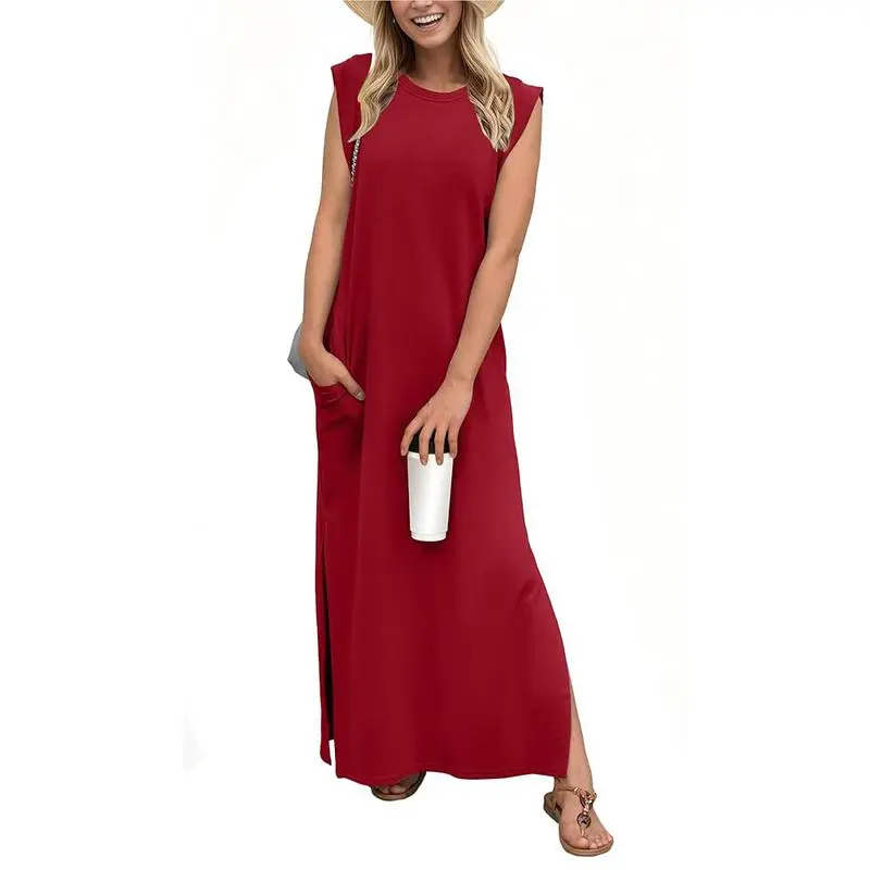 Women Loose Split Wrinkle-Free Long Dress with Pockets