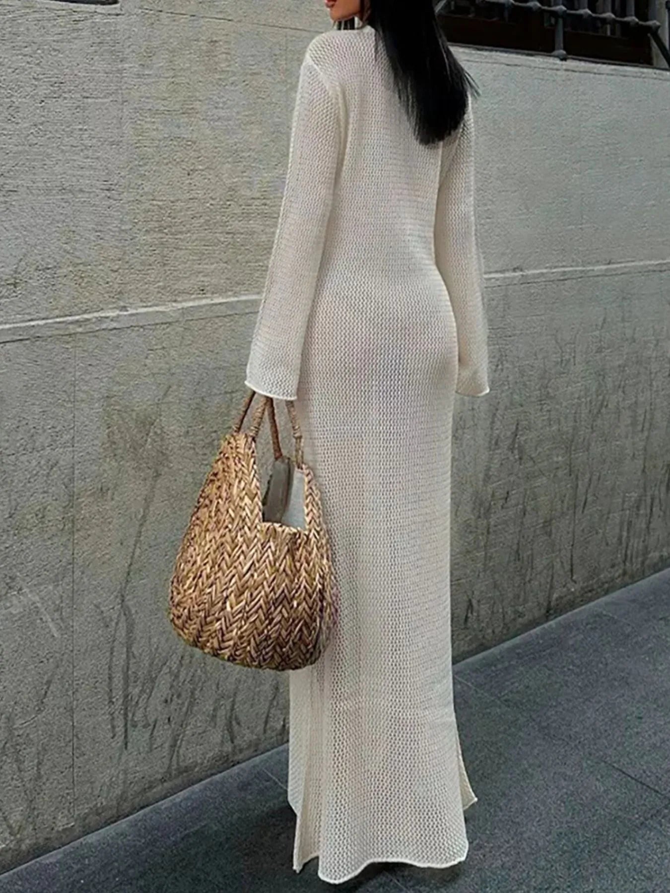 Cutout Long Sleeve Knit Cover-Up Maxi Dress