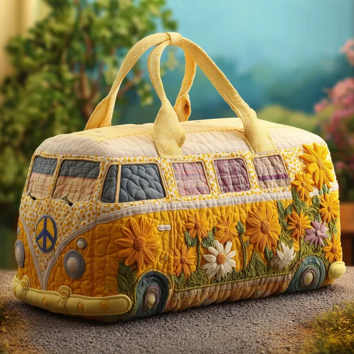🌼 Sunny Daisy Roadtrip Quilted Duffle Bag 🚐✨ – Retro Van Floral Travel & Weekender Bag 🧳🌞