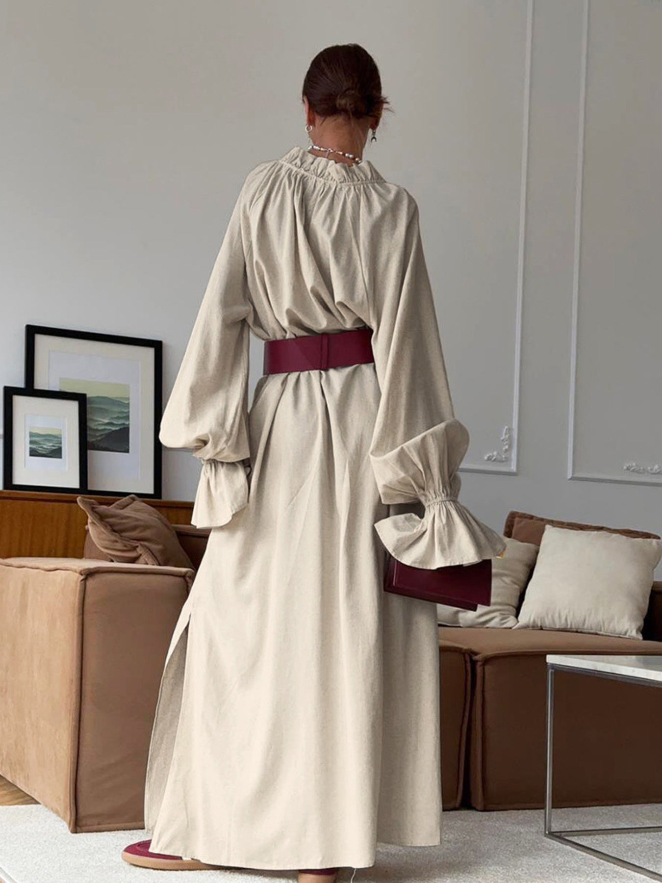 Tie Neck Flounce Sleeve Maxi Dress