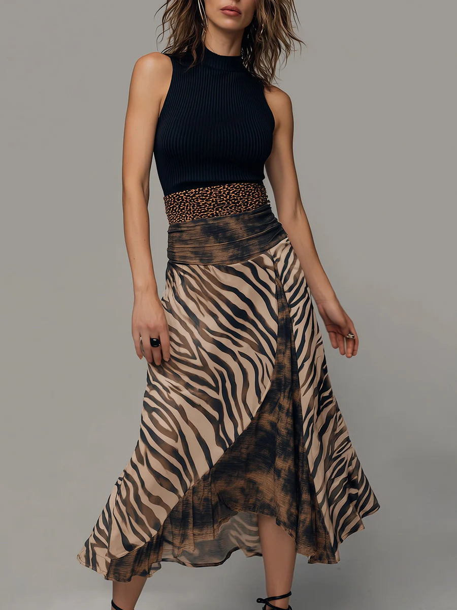 Vintage Zebra Print Patchwork Sleeveless Midi Dress