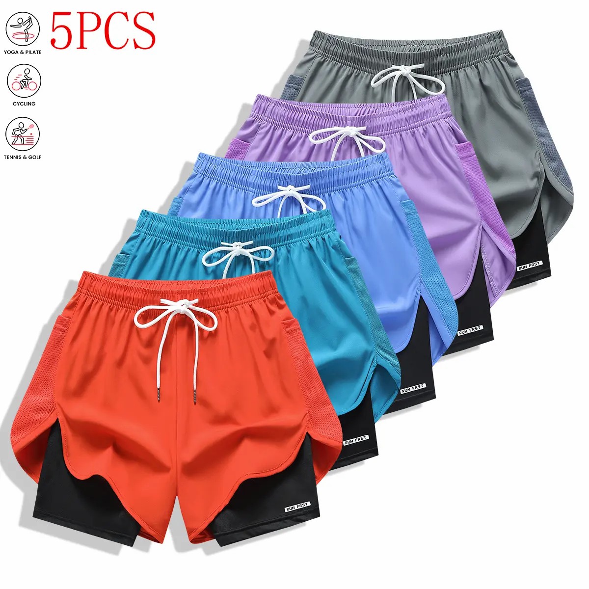 Pack of 5 women’s casual athletic shorts, solid color, faux two-piece design with built-in liner, elastic drawstring waistband, suitable for outdoor fitness, running, sports, and casual wear; women’s shorts