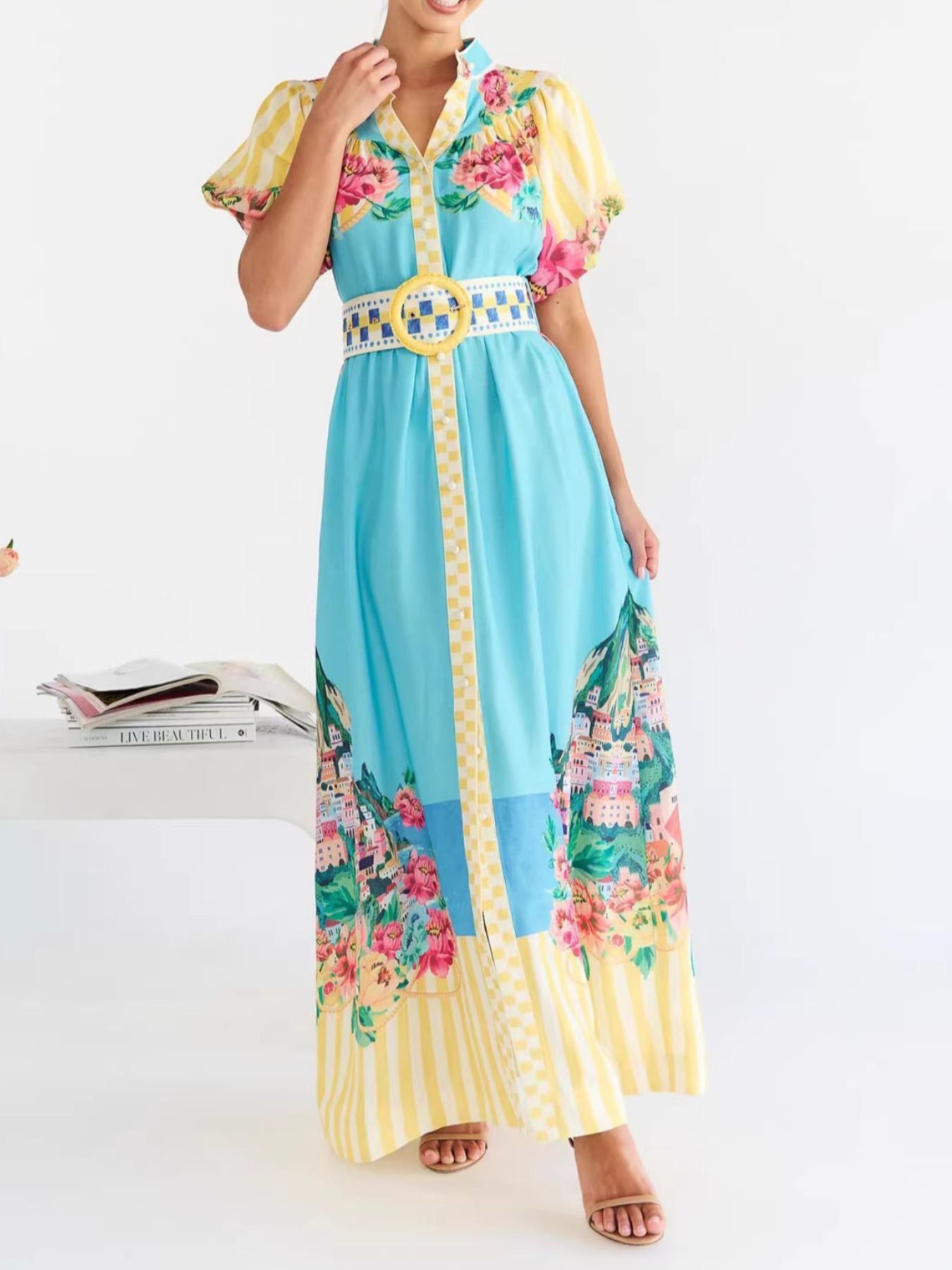 Printed Button Front Puff Sleeve Maxi Dress