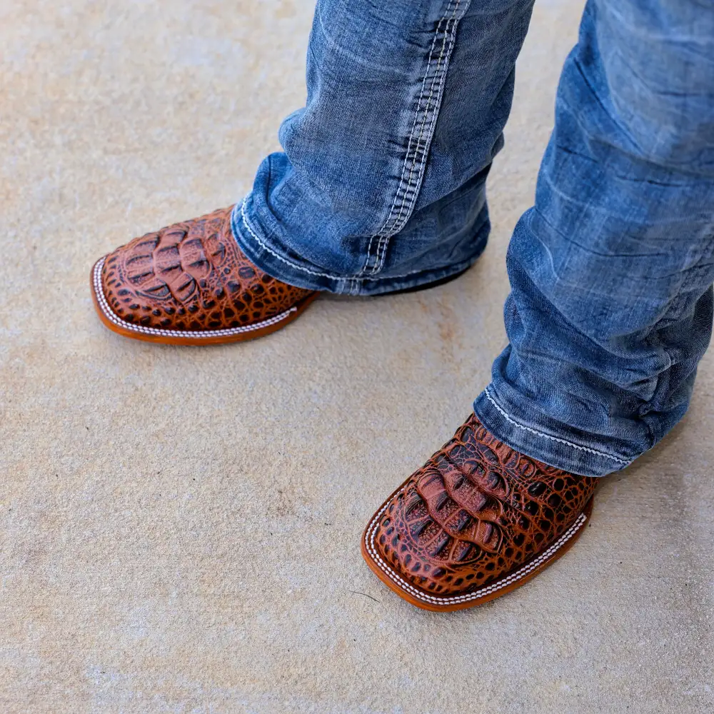 Cognac Caiman Neck Leather Boots - Square Toe