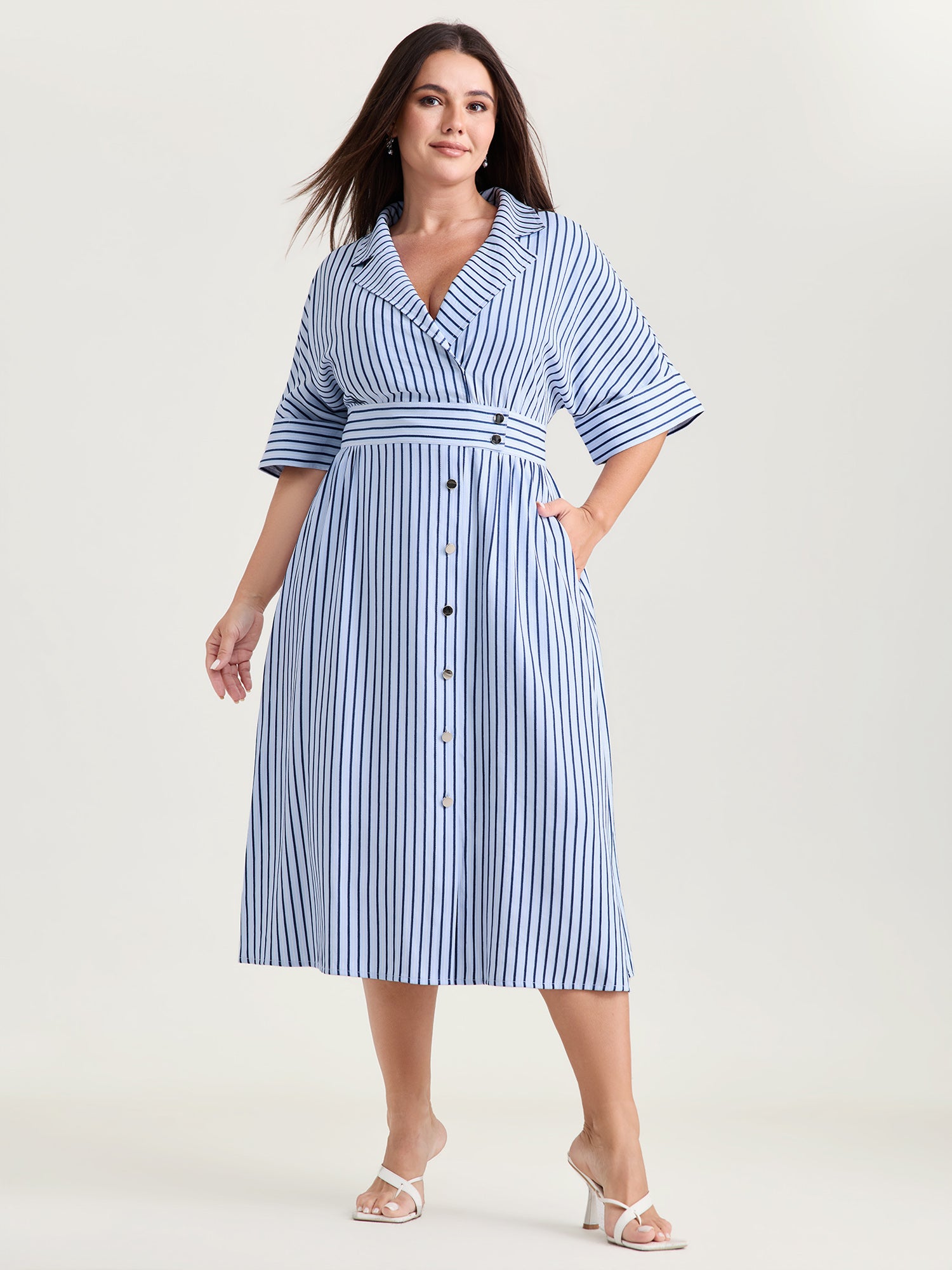 Striped Notched Lapel Collar Midi Dress