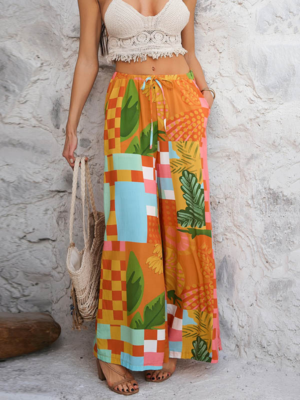 Contrast Color Drawstring Pockets High Waisted Loose Trousers Pants