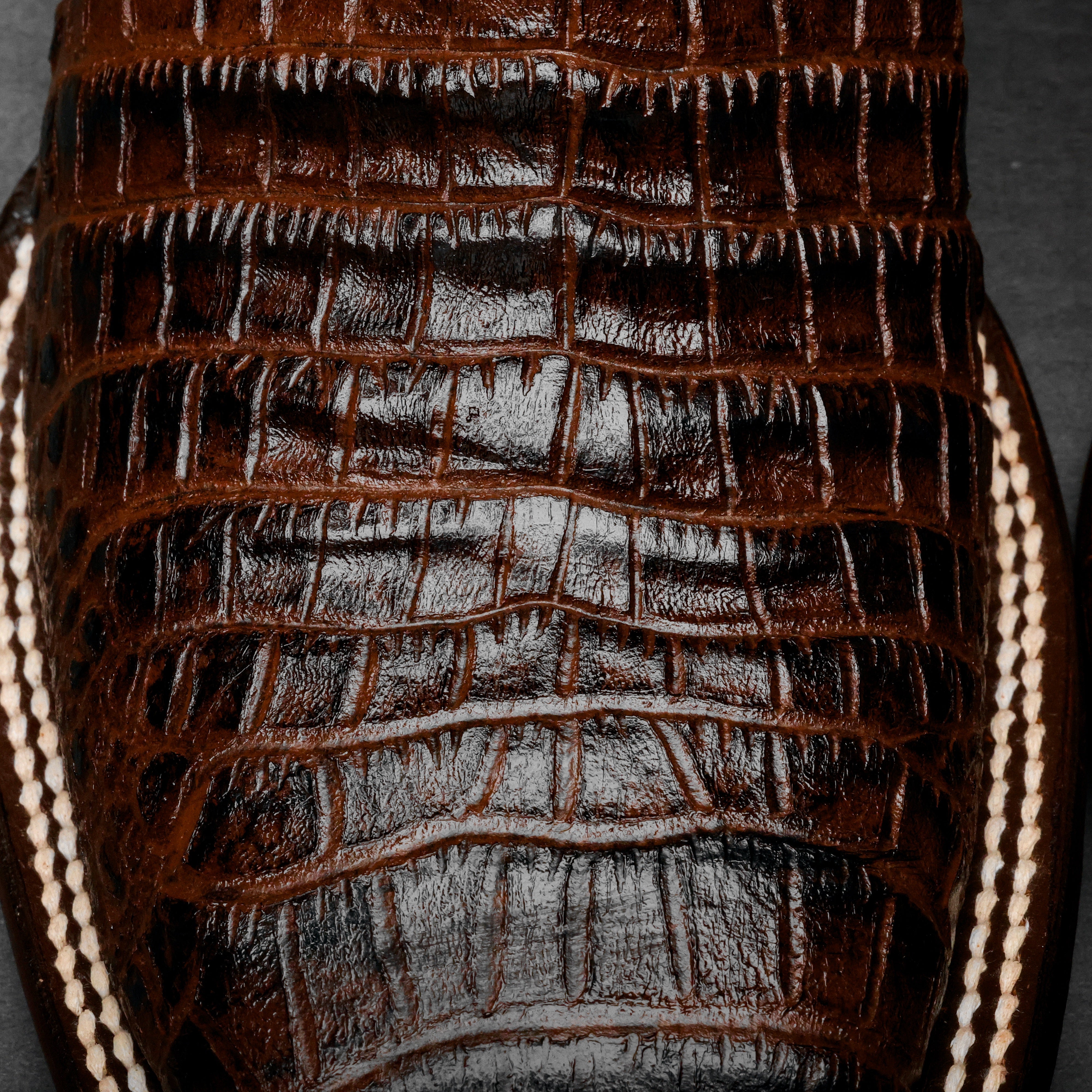 Chocolate Brown Caiman Belly Leather Boots - Square Toe