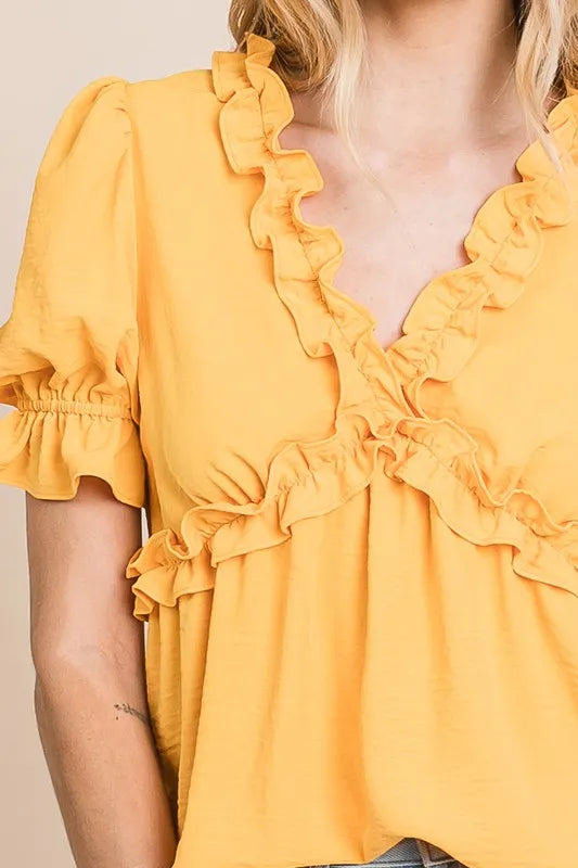 Solid Ruffled Deep V-Neck Puff Sleeve Babydoll Top