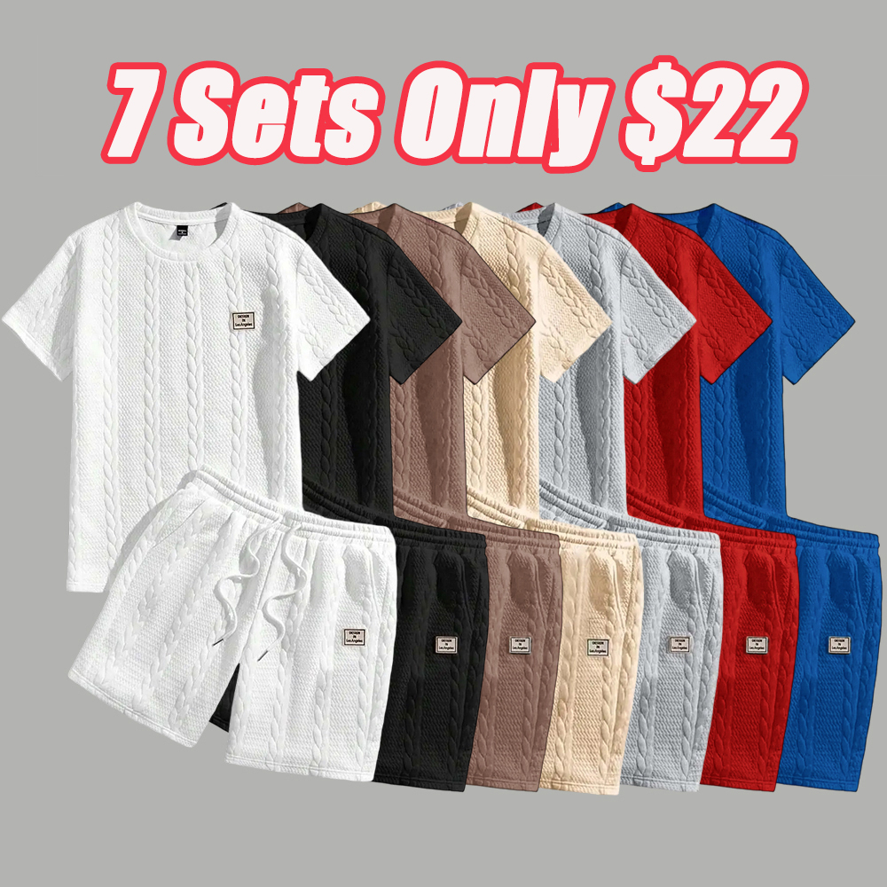 Summer men's jacquard textured fabric round neck short sleeved T-shirt and shorts set
