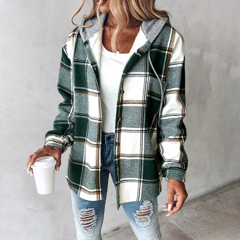 Women's Plaid Pattern Shacket  Hooded Jackets