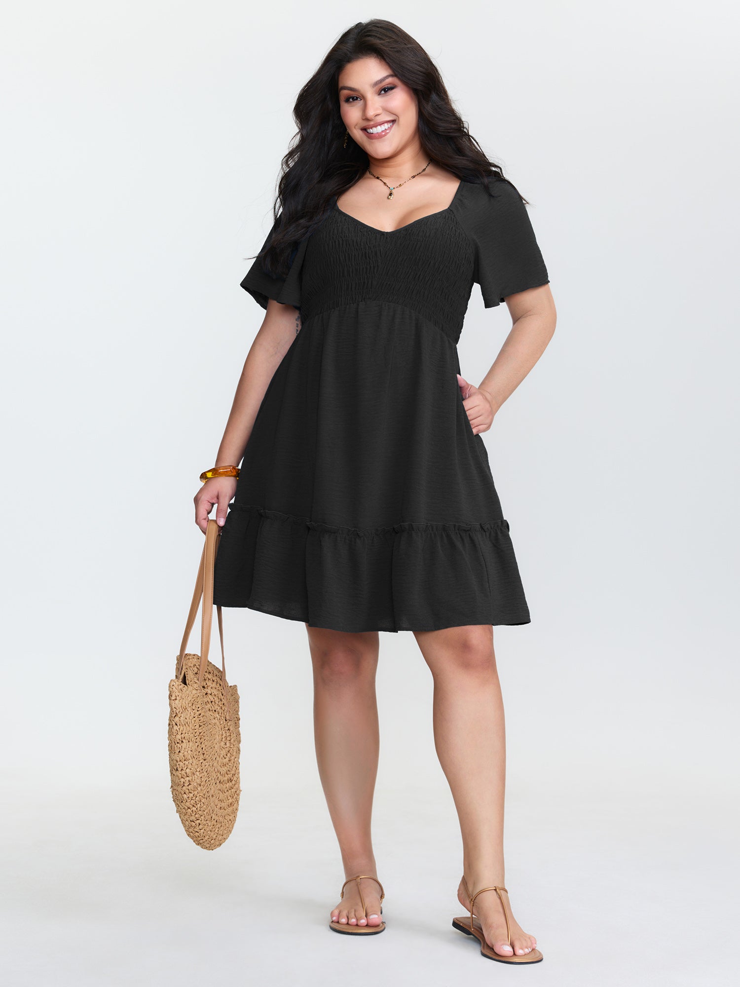 Shirred Bodice Ruffle Hem Flowy Mini Dress