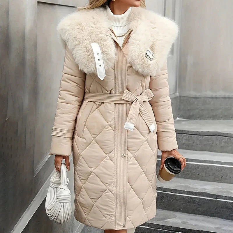 Women's Long Quilted Coat with Fur Collar