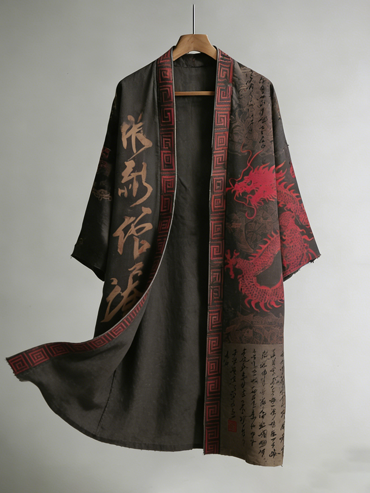 Retro Calligraphy And Dragon Pattern Linen Long Kimono