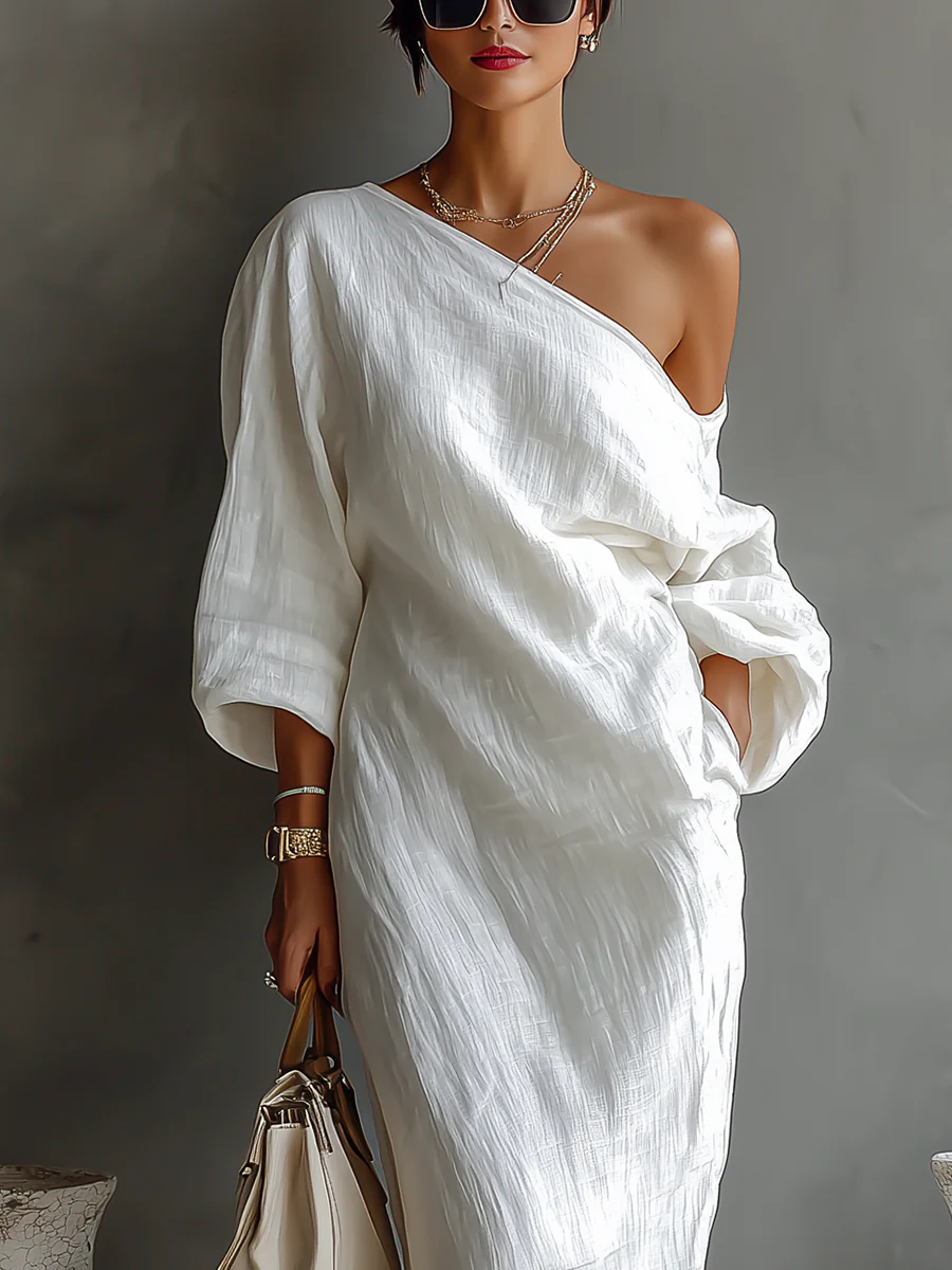 White One-shoulder Flowing Elegant Maxi Dress(No pockets)